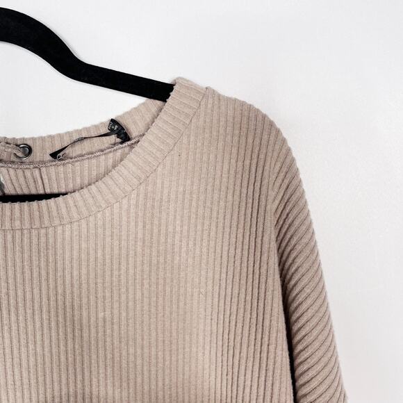 Doe & Rae Womens Small S Brown Ribbed Long Sleeve Lace Up Back Top Cozy Soft - Picture 3 of 8